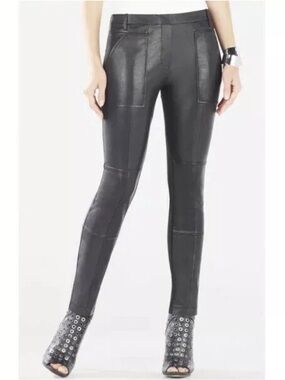 Slim Faux Leather Black Patch Seam Pants